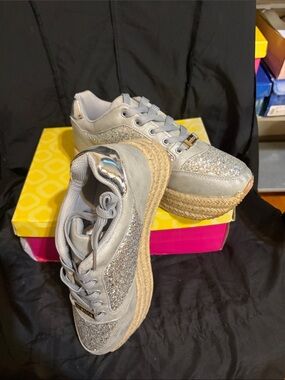 Kids Silver Glitter Platform Sneakers